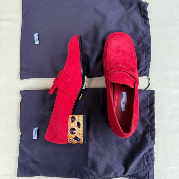 Prada Red Suede Jeweled Block Heel Loafers - Picture 4 of 9